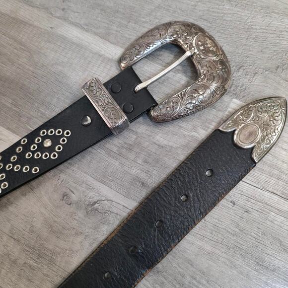 VNT Leather Western Bling Belt Cowgirl Silver Buckle Studded Large Statement main image 5